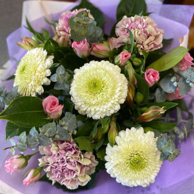 Vintage Charm Bouquet - A soft, romantic bouquet of white chrysanthemum blooms, antique-toned carnations, spray roses and silvery eucalyptus. Muted, vintage tones give this arrangement a timeless, elegant feel — perfect for weddings or a stylish gift.